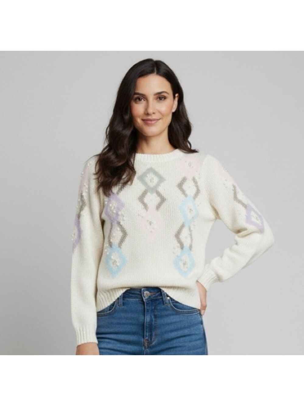 Vintage Nannell Sweater Geometric Pattern Cream, Purple, Blue Pink Size S